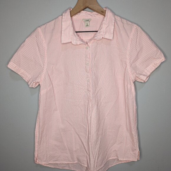 LL Bean Shirt Womens Medium 100% Cotton Pink White Seersucker Popover Stripe - Picture 1 of 4